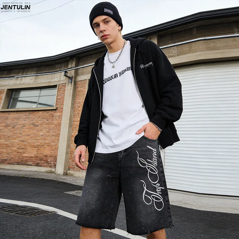 Men Rhinestone Baggy Jean Shorts Y2K Casual Vintage Wide Leg Straight Capri Denim Shorts Hip Hop Streetwear Men's NNew Bottoms