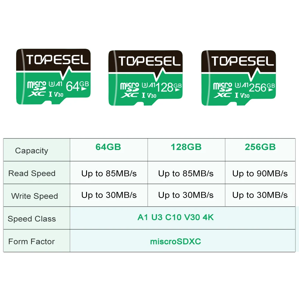 TOPESEL-Cartões Micro SD de Alta Velocidade, Cartão de Memória Classe 10, Cartão Flash para Telefone, Drone, Câmera, U3, 4K, HD, TF, 64GB, 256GB