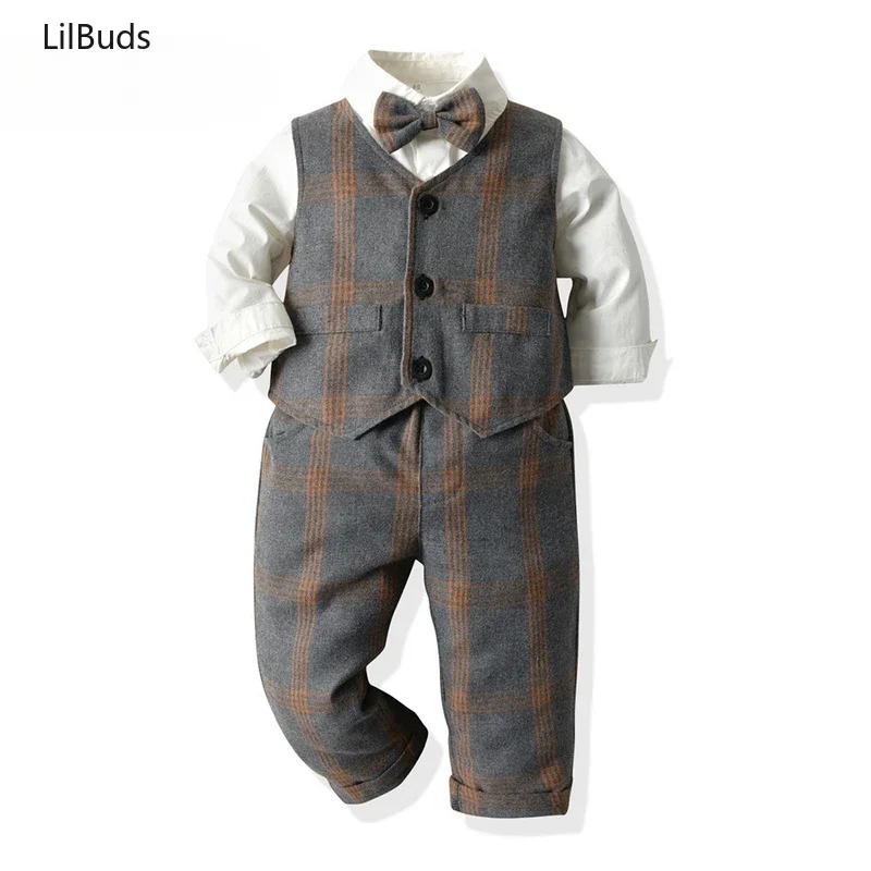 

2024Children Fashion Gentleman Clothing Sets Outfits Kid Boys Blazer Suit Toddler Plaid Style Shirt Pants Waistcoat 3PCS Costume