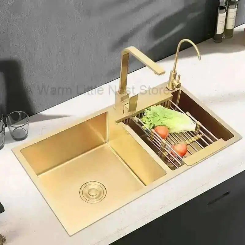 Light Luxury Kitchen Sinks Stainless Steel Home Kitchen Sink Creative Large Gold Nano Sink Handmade Double Kitchen Accessories