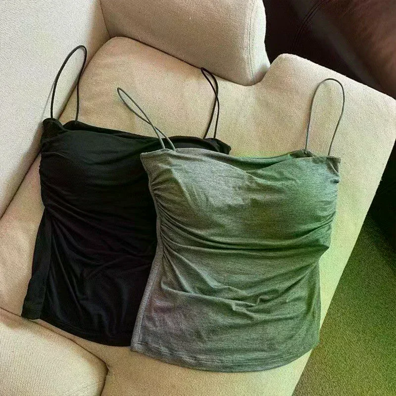 Solid Pleated Tank Camisole Women's Summer Spaghetti Strap Sleeveless Tops Sexy