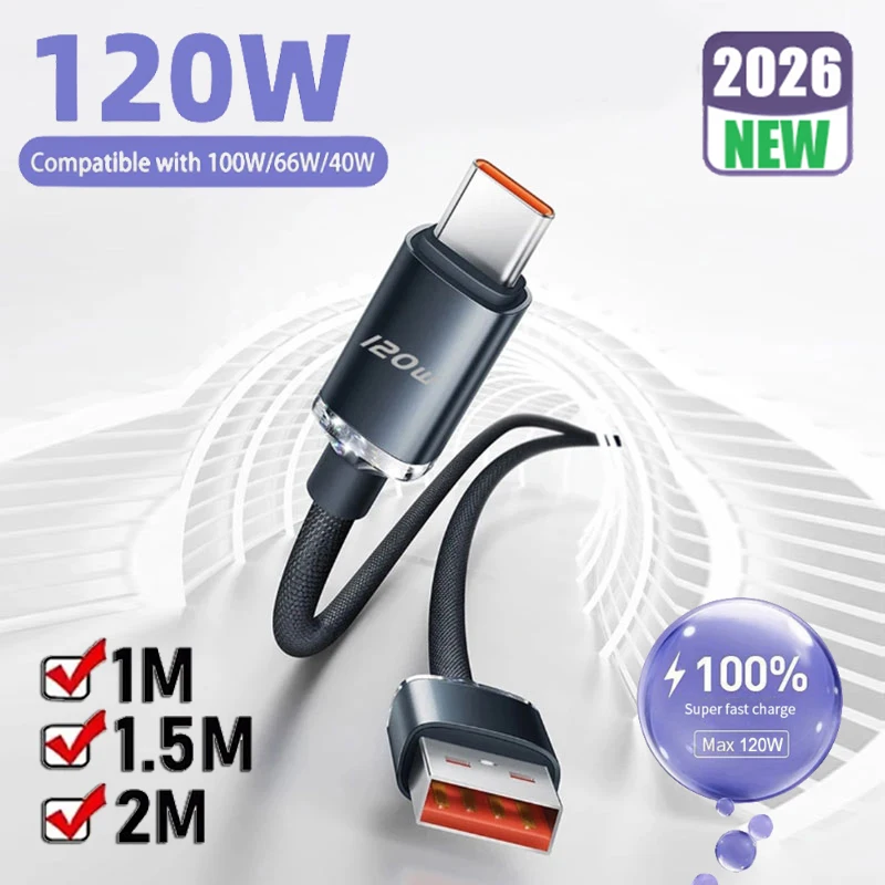 Cable de carga súper rápida de 120W, USB a tipo C de 6A, transferencia de datos de 480Mbps, cable de datos trenzado para Huawei, Xiaomi, Samsung/portátil/tableta