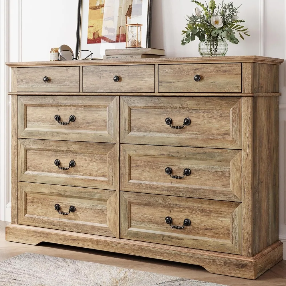 LINSY HOME Farmhouse 9 Drawers Dresser for Bedroom, Wood Bedroom Dresser Farmhouse Drawer Chest, 9 Chest of Drawer