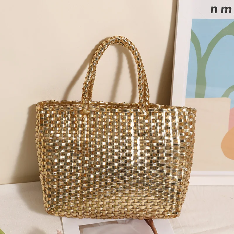 2026 New Fashionable Metallic Handheld Large Capacity Woven Bag Simple and Elegant Women's Seaside Vacation Beach Bag