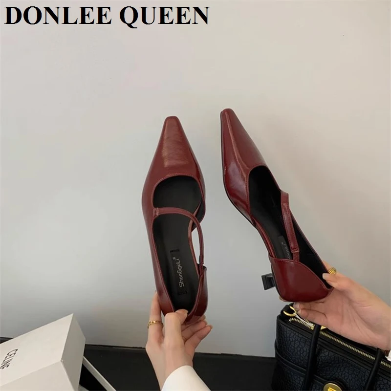 Elegant Women Pumps Pointed Toe Shallow Slip On Thin Low Heel Office Dress Pumps Sexy Party Dress Shoe Fashion Narrow Band Mujer