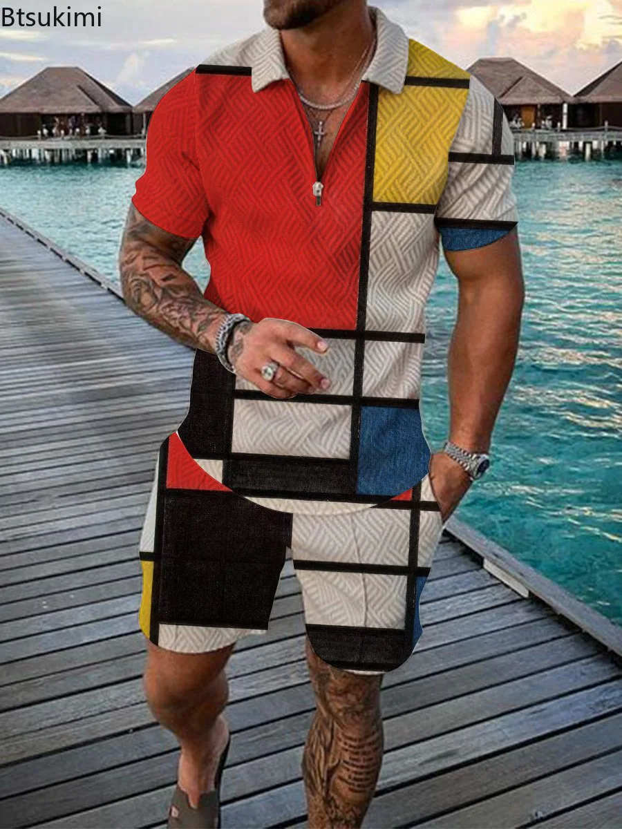 New Men's Summer Patchwork Casual Sets High Qulity Contrast Color Polo Shirt+Shorts Vacation Outfit 2024 Fashion Men Streetwear