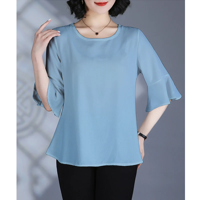 2024 New Summer Women\'s Fashion Elegant Simple Blouse White O Neck Half Sleeve Chiffon Shirt Casual Loose Tops Blusas Para Mujer