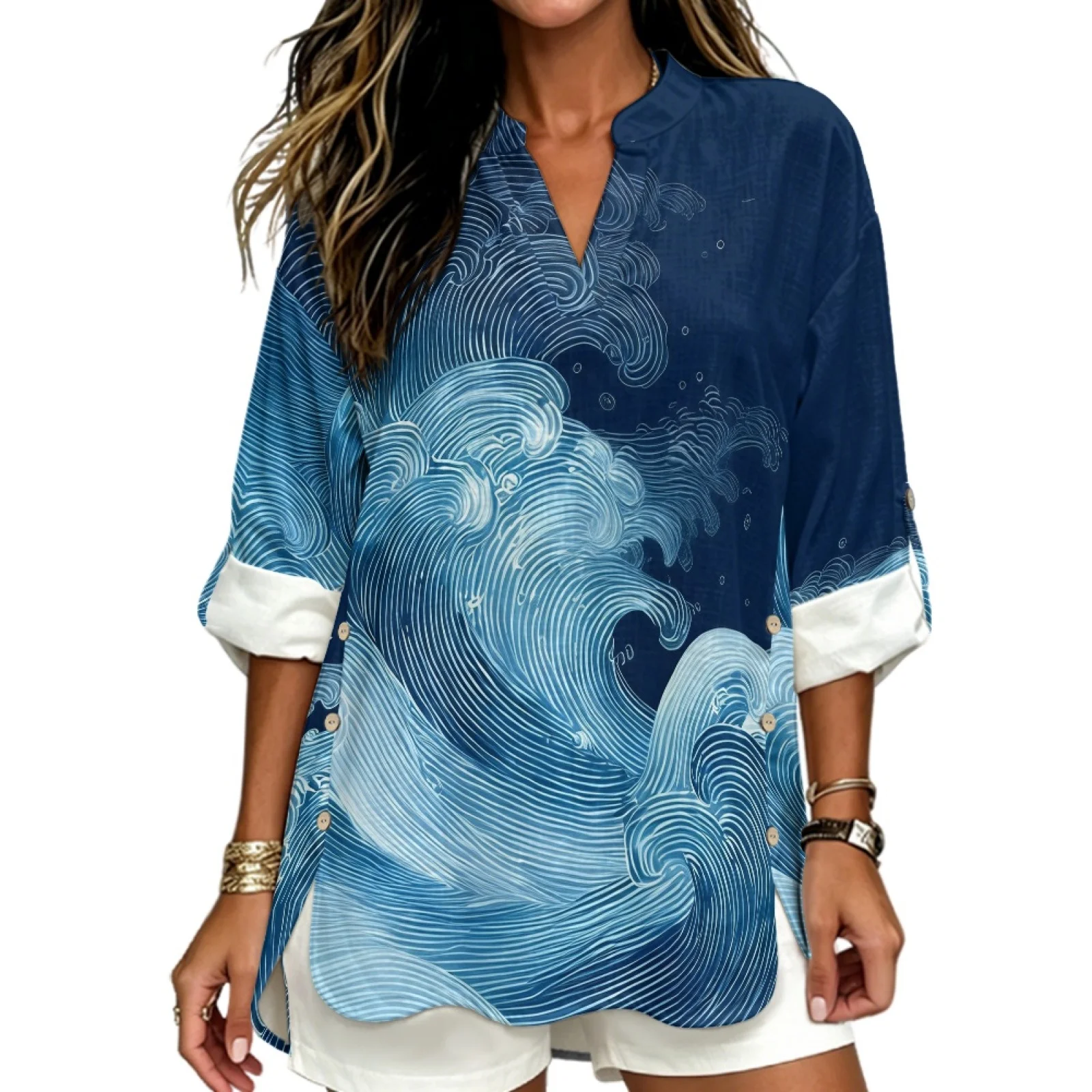 PENSTROLL Ocean Wave Print Linen Like Long Sleeve Tops for Daily Wear Trendy Women's Long Sleeve Shirts Long Sleeve Blouse