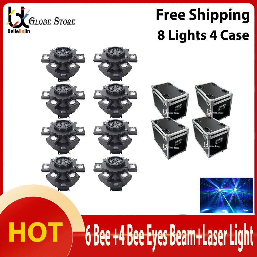 No Tax Hot 8Pcs 6 HeadsLED Bee Eye Beam Laser Strobe Light With 4 Case DMX512 Strobe Laser Moving Head Light DJ Disco Stage