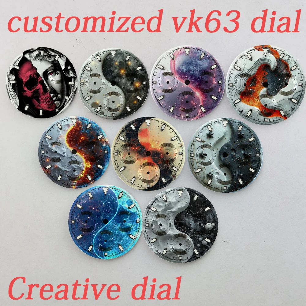 customized 29.5mm Watch Dial  Creative Dial Prospex Luminous Sunray Chronograph Face 6 Hands Fit Quartz VK63 Watch Face Movement