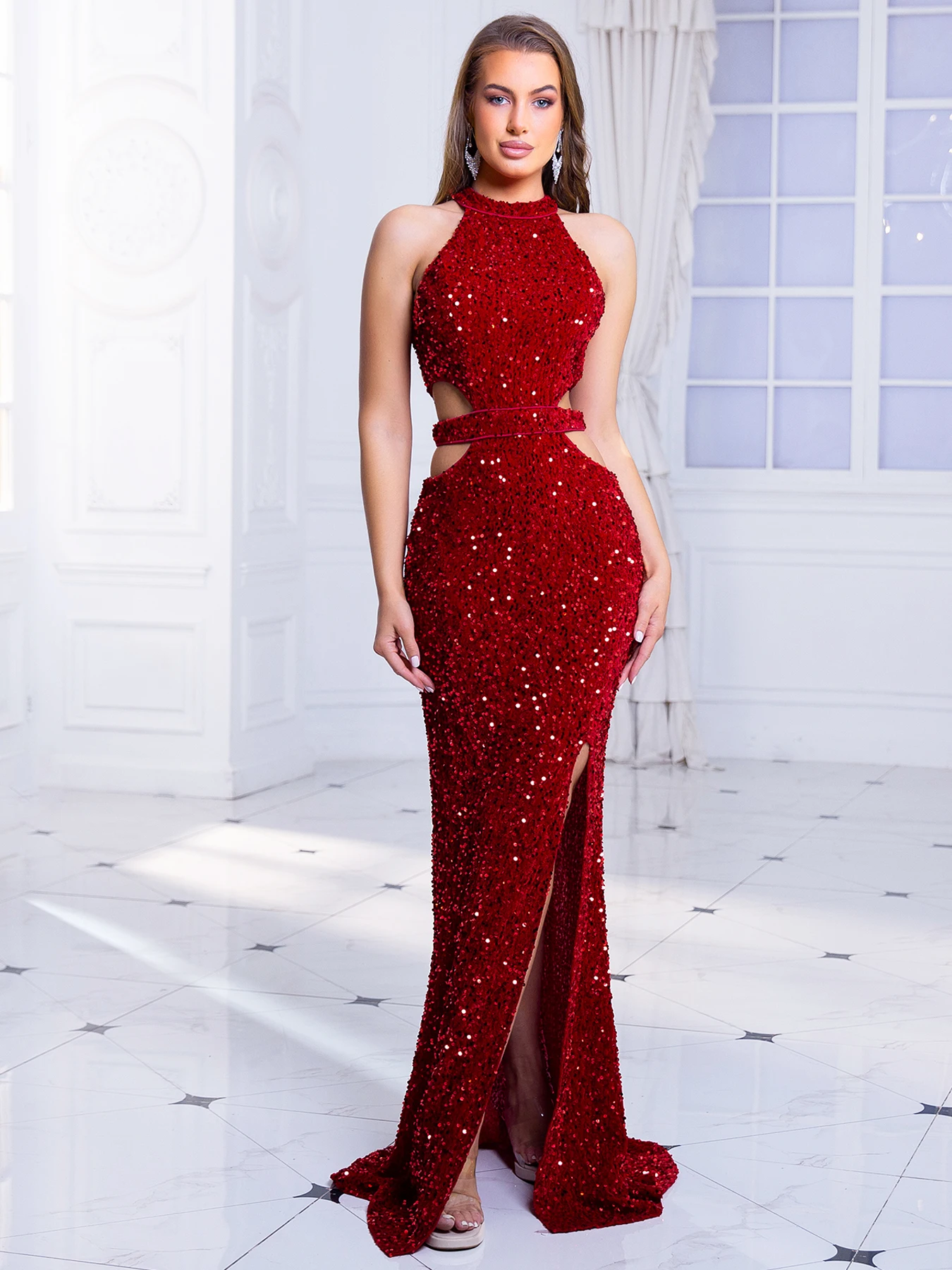 Romagic O Neck Off Shoulder Evening Prom Gown Red Sexy Sequin Hollow Out Long Dress Split 2024 New