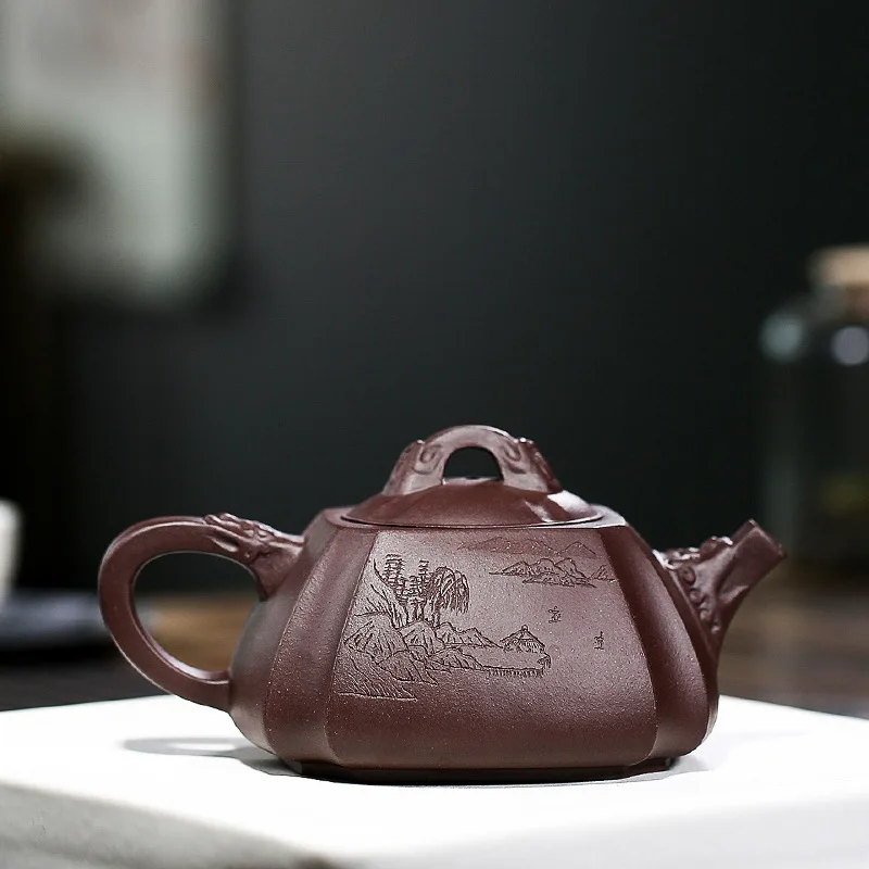 Yixing Original Ore Old Famous Master Purple Clay Purely Handmade Longquan Square Corner Stone Ladle Teapot Kung Fu Tea Set