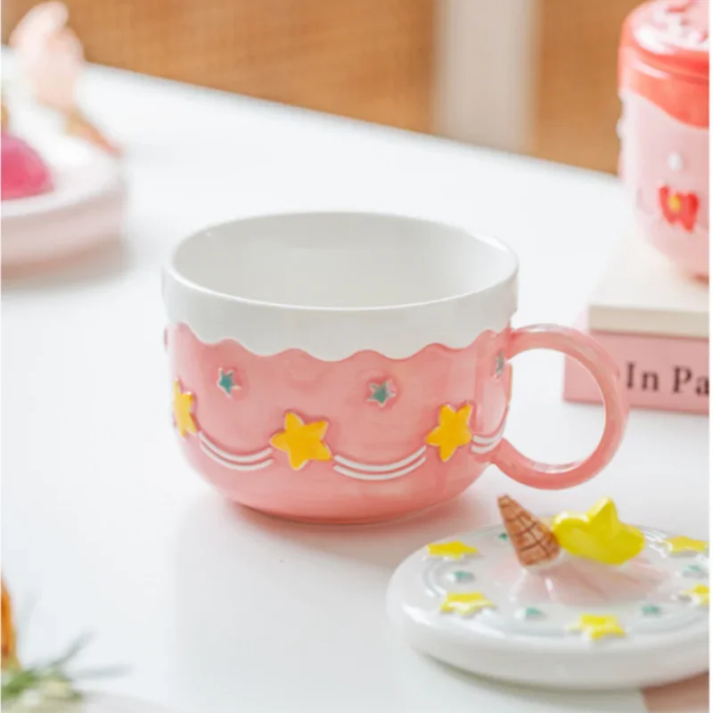 430ml Ceramic Coffee Mug Creative Cute Cake Embossed Pattern Water Cup Large Capacity with Cover Home Office Juice Mugs Gift