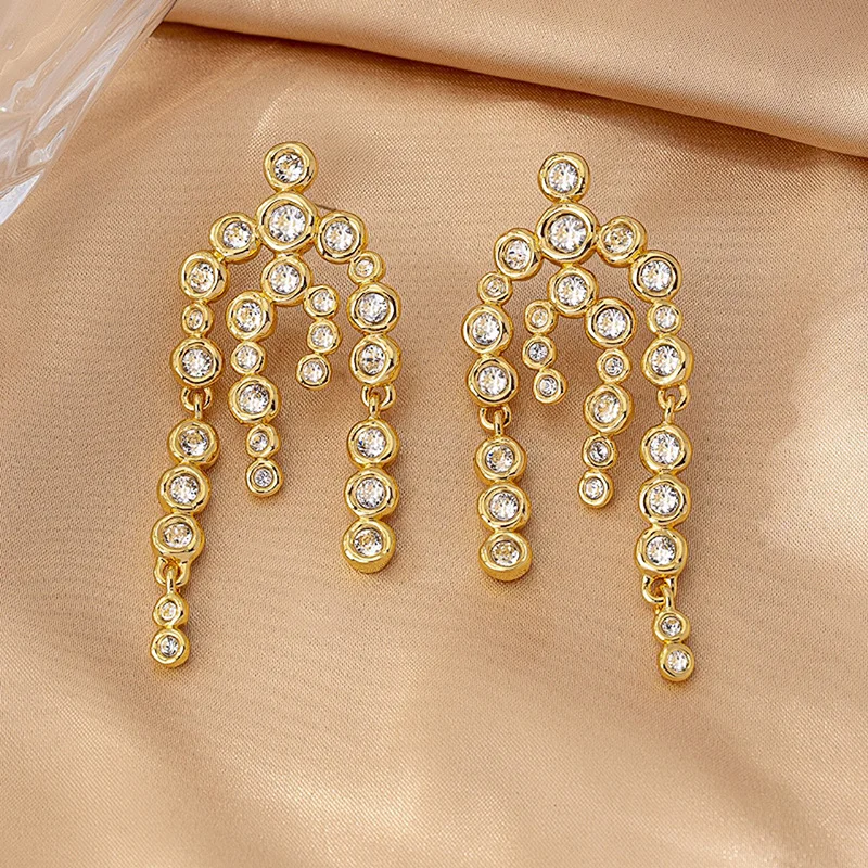 

2025Fashion Cz stone chain tassel dangle earrings for women luxury designer earrings bling party jewelry elegant vintage jewelry