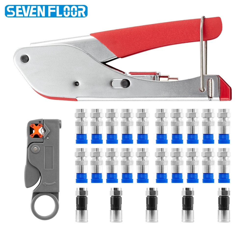 RG6 RG59 Coaxial Compression Tool Kit, Crimping Pliers 30pcs RG6 F Connectors&Stripper for CATV Satellite TV CCTV Installation