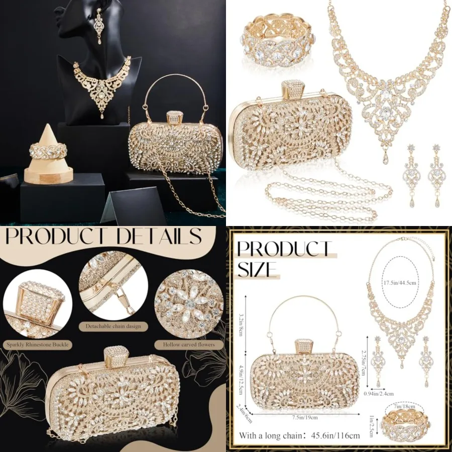 

4 Pcs Purse Rhinestone Jewelry Set Evening Clutch Bag Bling Crystal Necklace Dangle Earrings Bracelets Accessories