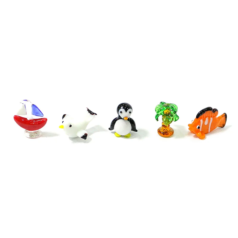 5pcs Cute Glass Sea Animal Mini Figurines Japanese Style Tiny Coconut Tree Dolphin Fish Turtle Crab Clownfish Penguin Gull Whale