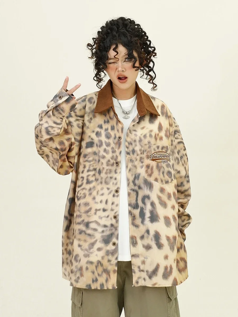 Leopard Print Long-sleeved Shirts 2024 Autumn New Loose Bf American High-end Lazy Ruffian Handsome Top Women