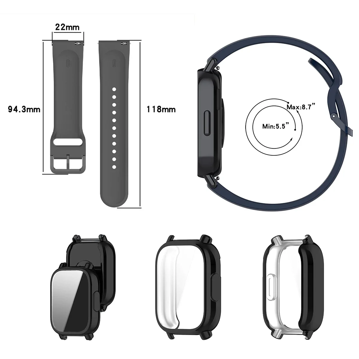Schutzhülle + Silikonarmband für Xiaomi Redmi Watch 5 Active/5 Lite, vollständiger Bildschirm, TPU-Schale und atmungsaktives, weiches Sportarmband