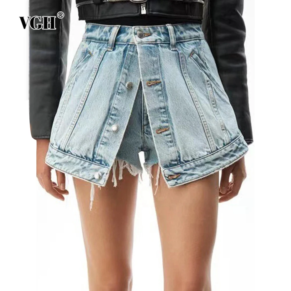 

VGH Solid Patchwork Pockets Casual Denim Short Pants For Women High Waist Spliced Button Slimming Shorts Skirts Female Fashion