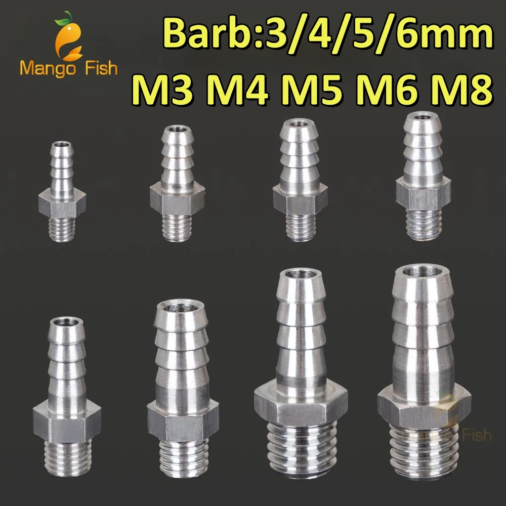 

1pcs 304 Stainless Steel Pagoda Connector 3 4 5 6mm Hose Barb Connector Hose Tail Thread M3 M4 5 M6 M8 Male Brass Pipe Fittings