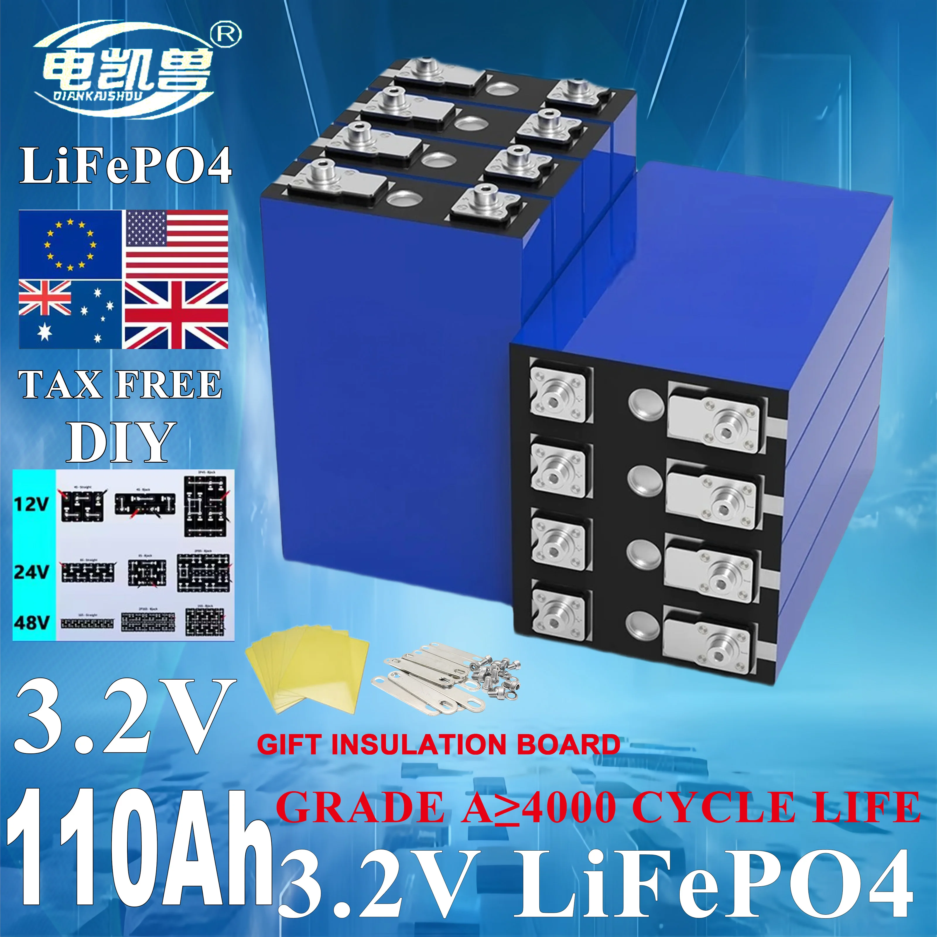 

3.2V 110Ah LiFePO4 battery Lithium iron phosphate cells diy 12V 24V 48V RV Golf Cart Solar Electric energy Storage Cell Grade A