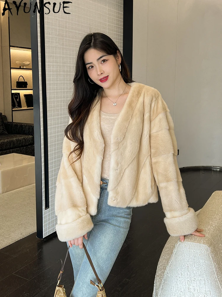 

AYUNSUE 2025 Новая женская куртка из натурального бархата норки с v-образным вырезом, роскошная куртка из натурального меха для женской одежды, цельная норковая шуба Женская