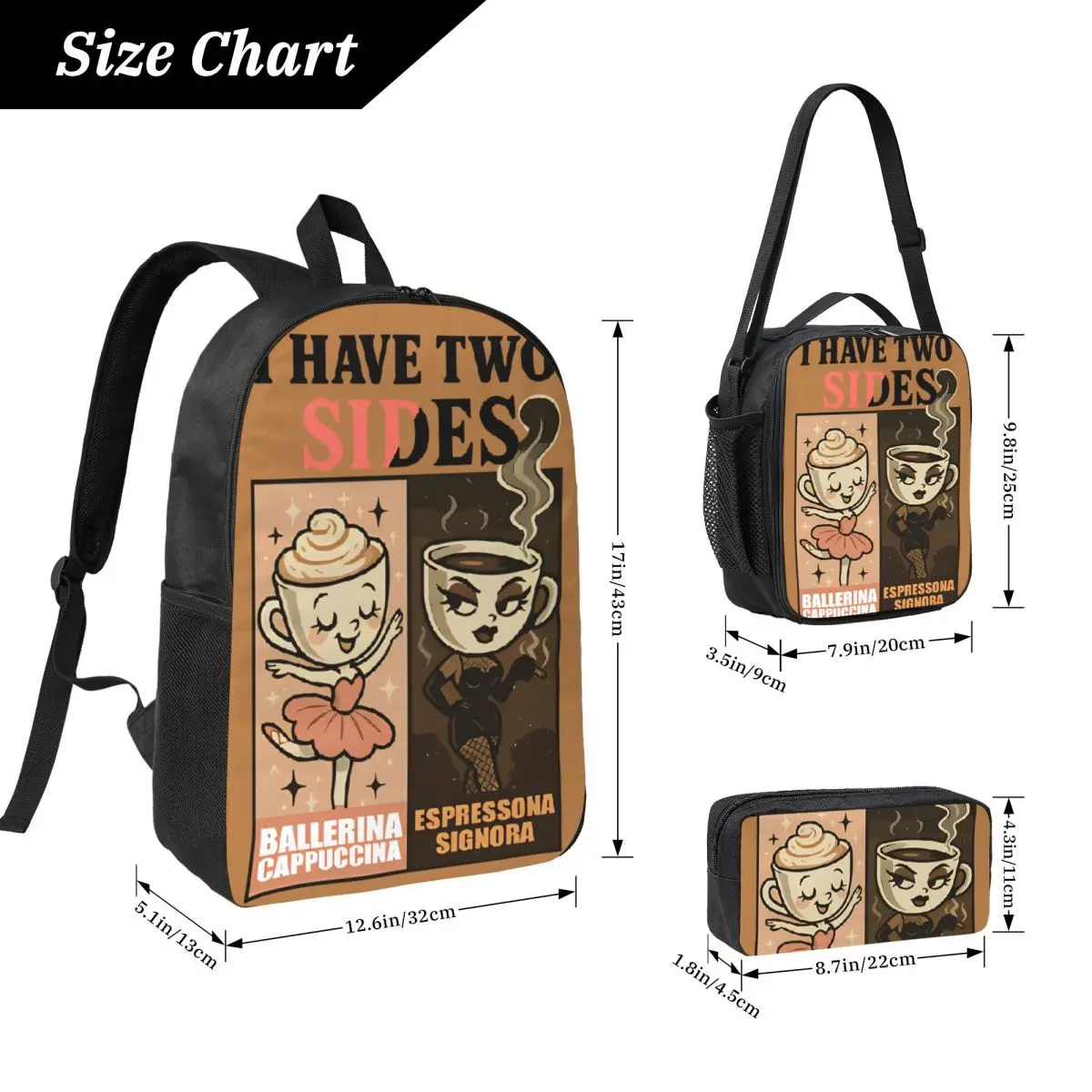 3 قطعة/المجموعة لدي الجانبين راقصة الباليه كابتشينا على ظهره للبنين بنات الدماغ المدرسة الثانوية حقيبة كتف حقيبة الغداء مقلمة