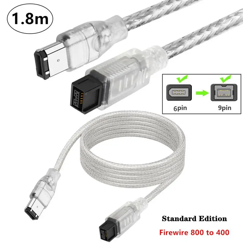 1.8 متر سلك النار القياسي 1394 9P إلى 6P IEEE 1394 Firewire 800 9Pin إلى 6Pin كابل تحويل نقل الصوت والفيديو للذكور