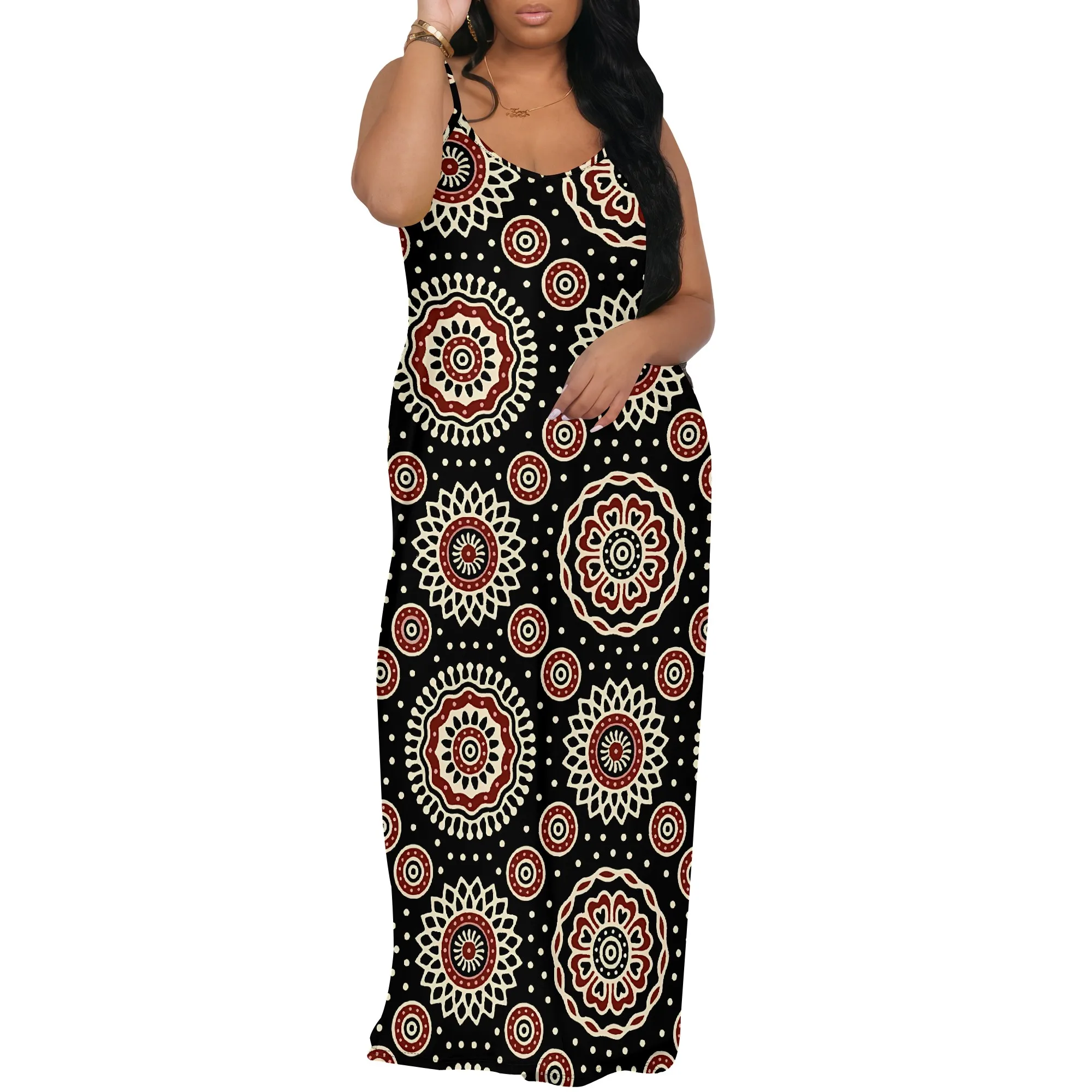 Abito lungo senza maniche Nupusa Boho Abito estivo lungo casual con stampa tribale a pois e cerchi