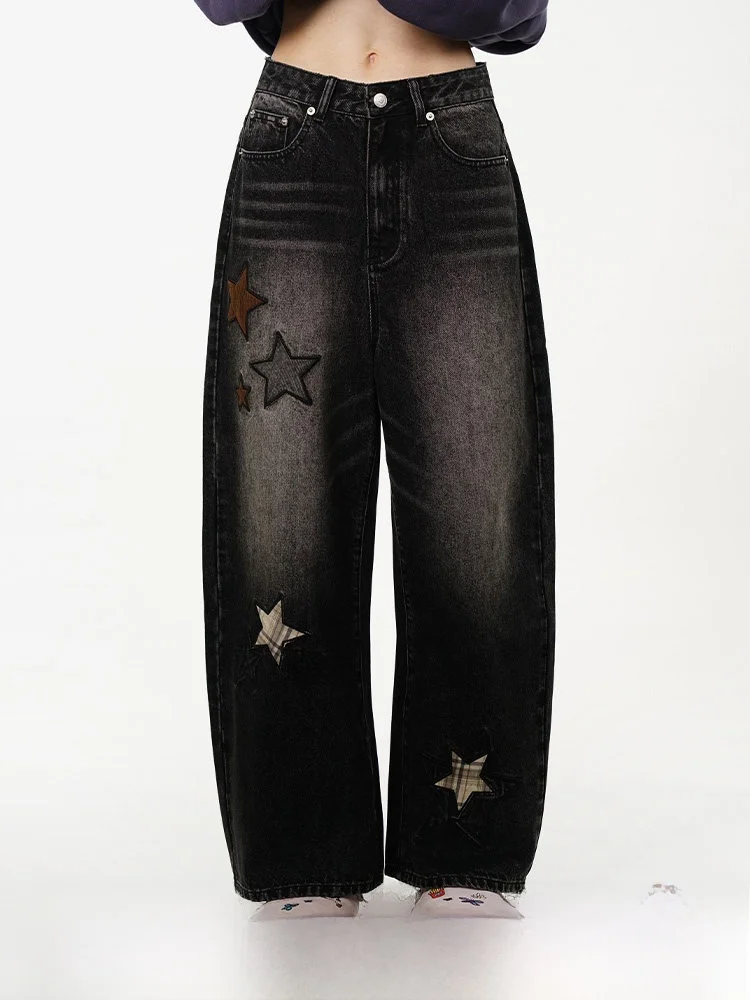 TIPSEVEN Original Design Office Lady Series Autumn Winter Star Embroidery Denim Jeans Vintage American Style Patchwork