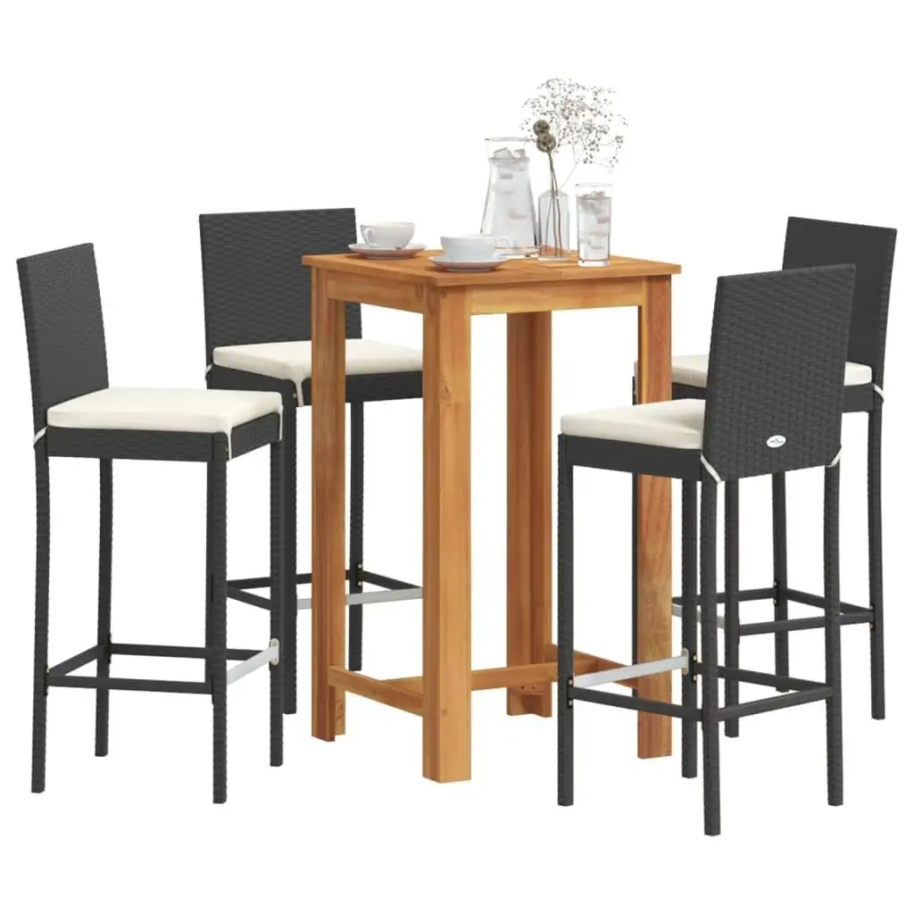 5-Piece Black Patio Bar Set - Solid Acacia Wood & Durable Poly Rattan Furniture