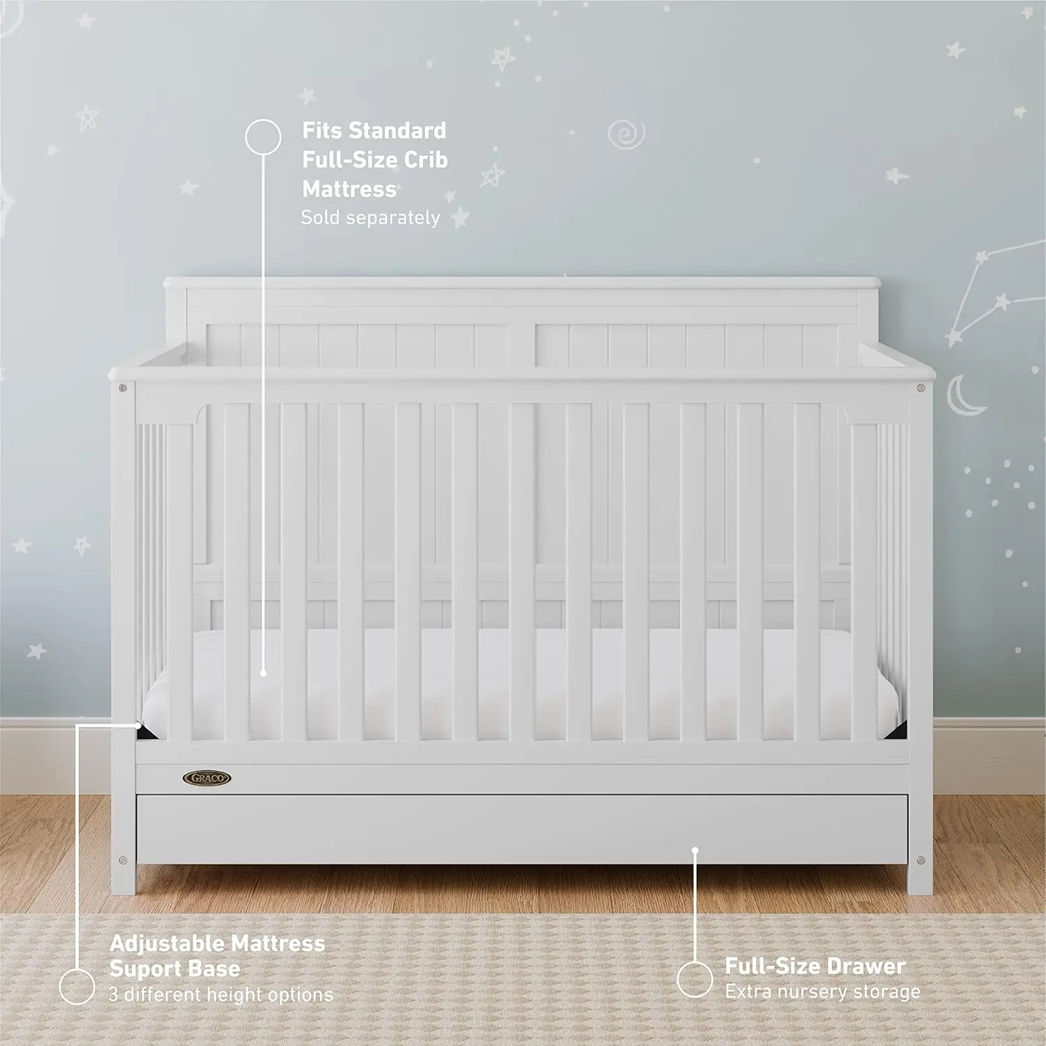 5-in-1 Convertible Crib with Drawer (White) – GREENGUARD Gold Certified, Crib with Drawer Combo, Full-Size Nursery Storage Drawe