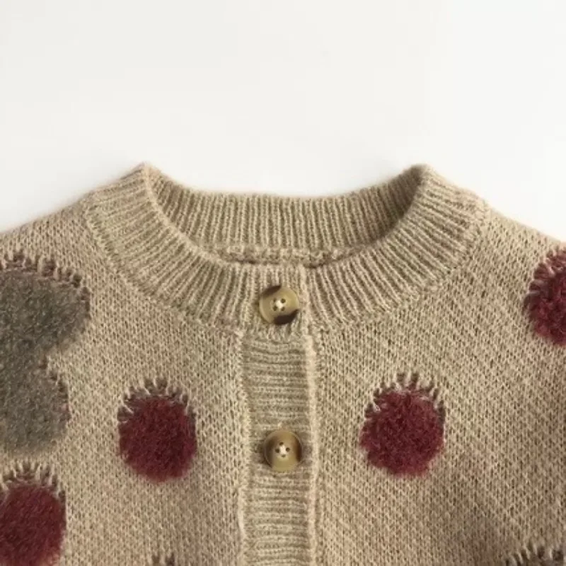 Versatile Korean Spring and Autumn Children's Sweater Dot Strawberry Jacquard Knitted Cardigan Coat, Forest