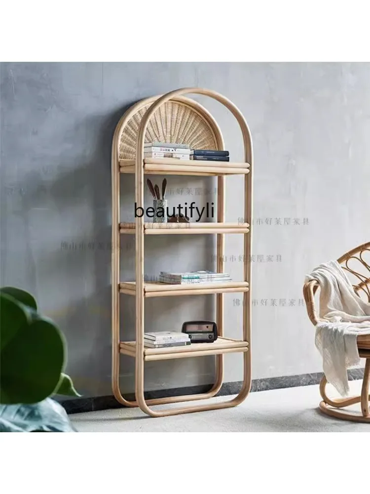 Handmade Bookshelf and Storage Shelf Floor Wall Bookcase Modern Minimalist Display Cabinet Rack Rattan