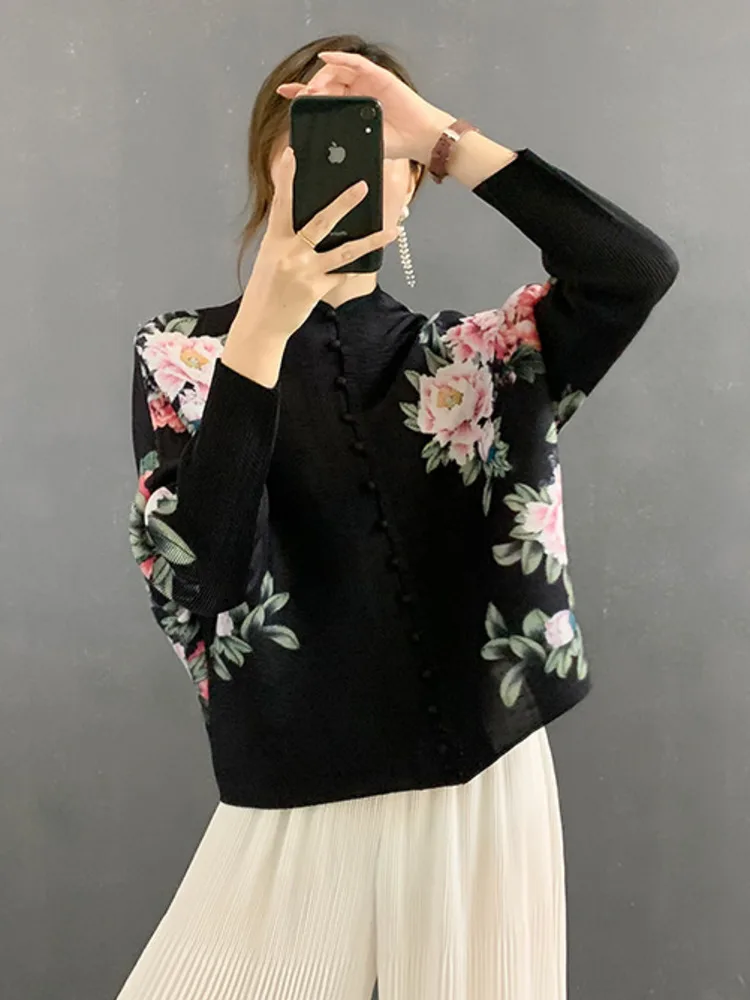 LANMREM Pleated Shirt Top 2024 Spring And Summer New Thin Single Breasted Long Sleeve Printed Shirts Women Elegant 2M246