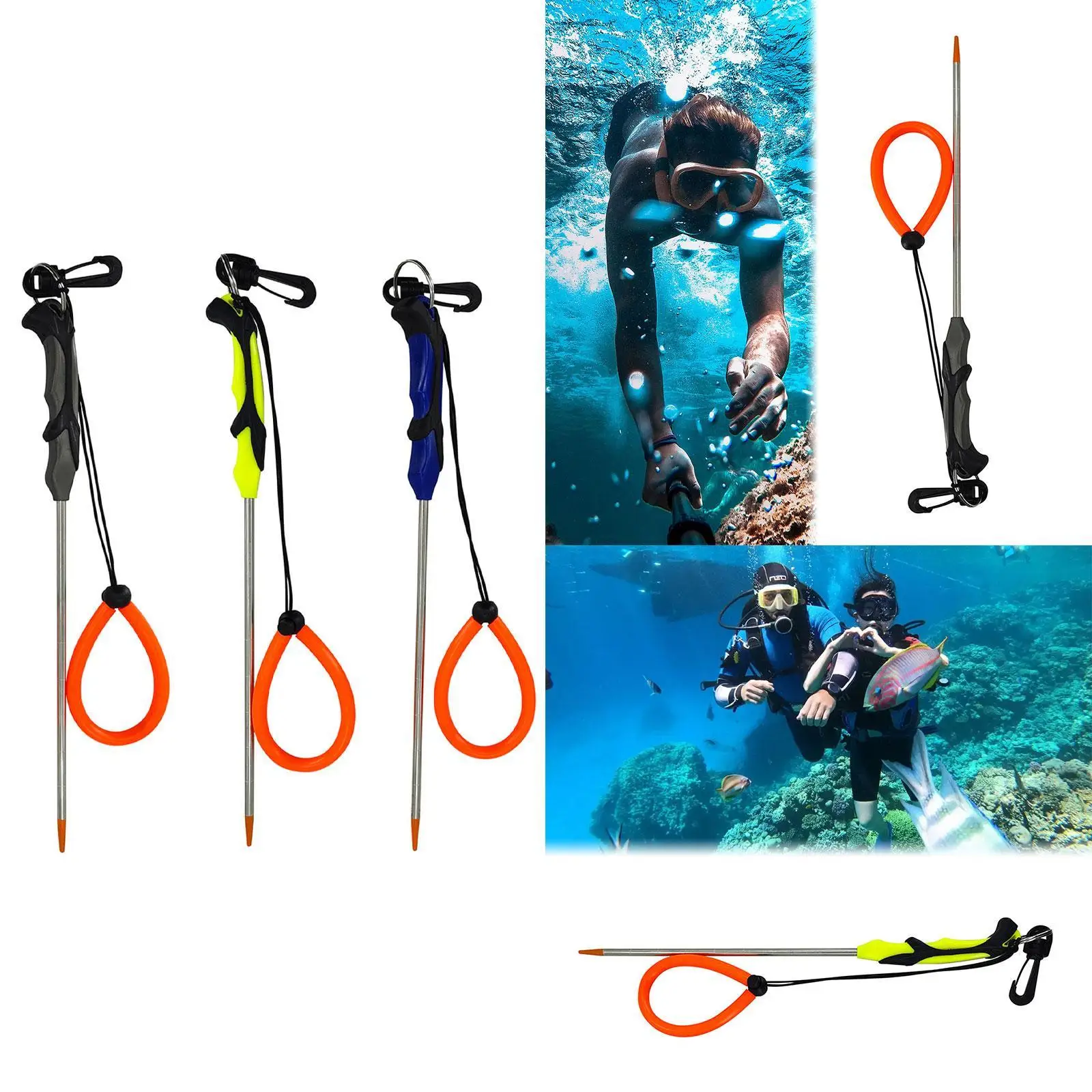 Diving steel with diving stick with adjustable scale, cord of the handle lobster