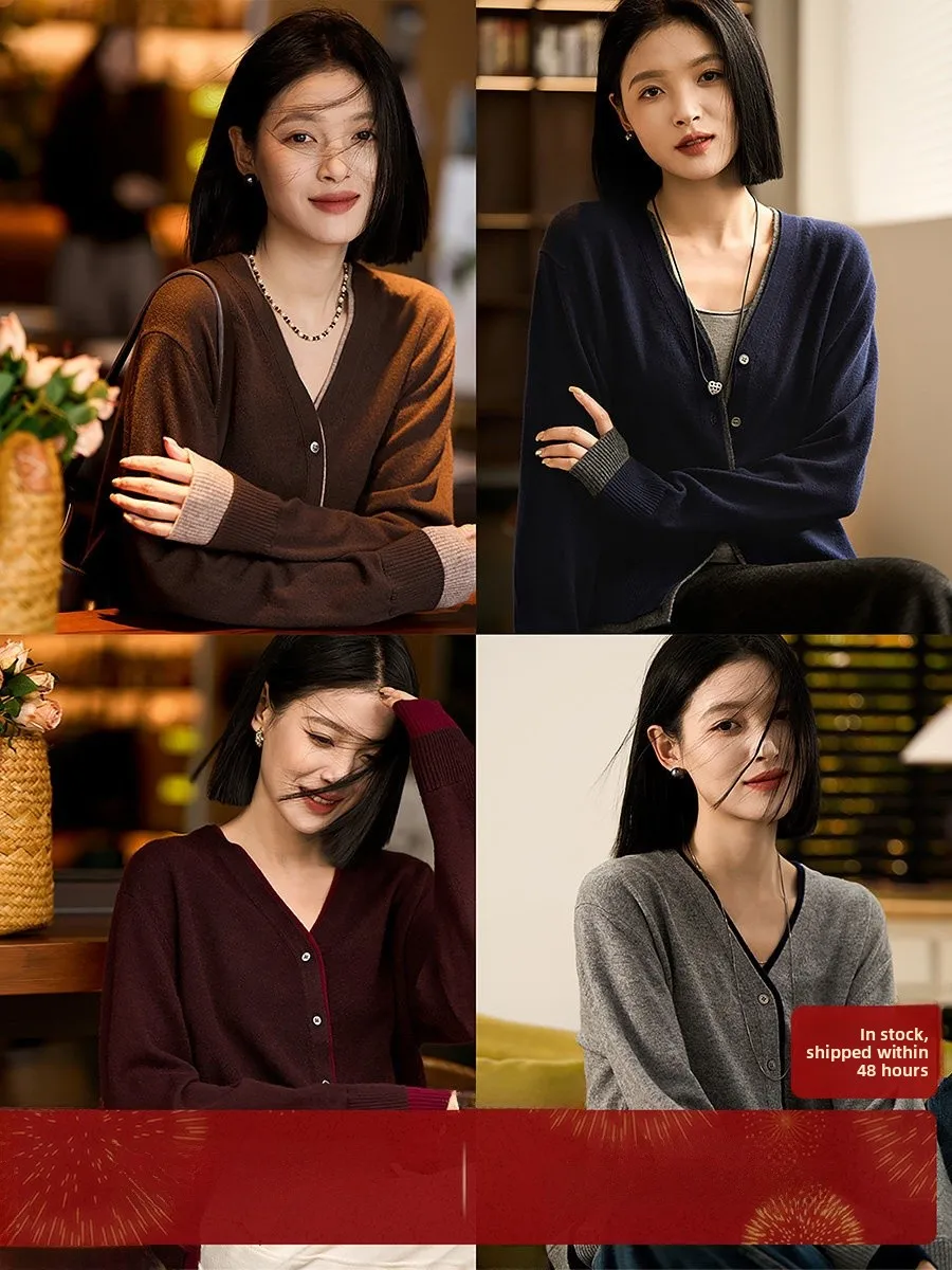 

lectual Sle Color Blo Camere Knitted Cardigan Women's Long Sve V-Ne Warmth Outerwear Regular Fit Commute Faion