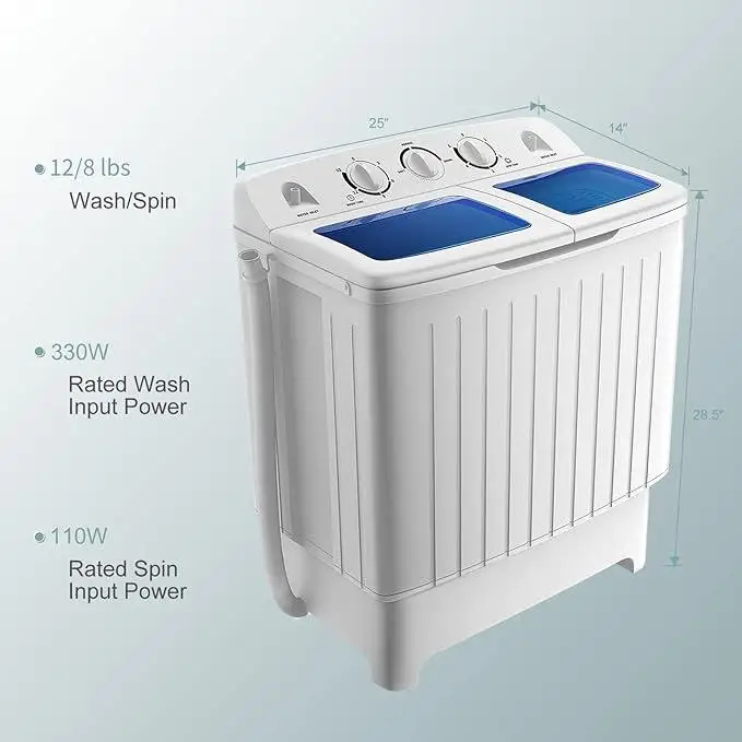 Costway Washing Machine-Portable Mini Compact Twin Tub Washer, Control Knobs, Timer Control, Built-in Pump Drain