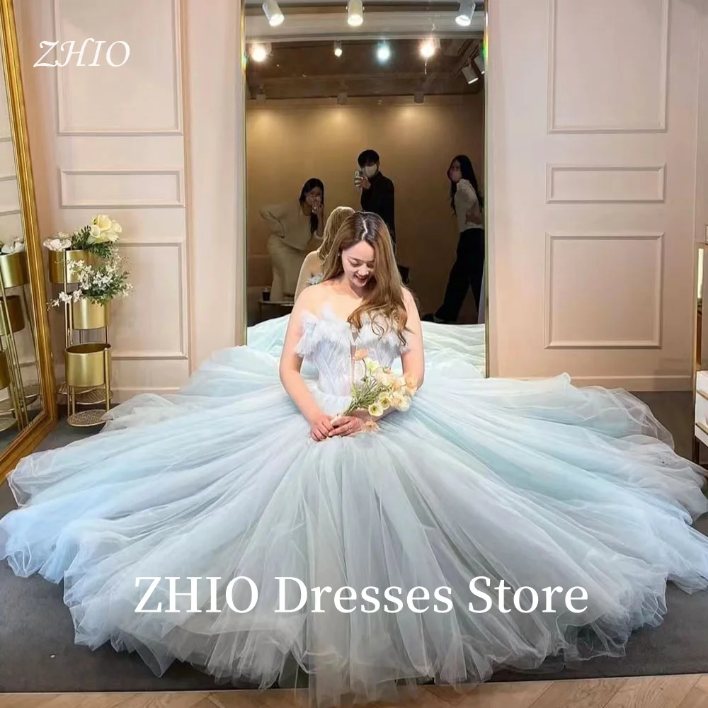 

ZHIO Exquisite Blue Wedding Party Dress Strapless Pleat A-Line Tulle Korea Photo Shoot Bridal Reception Gown Customized Classic