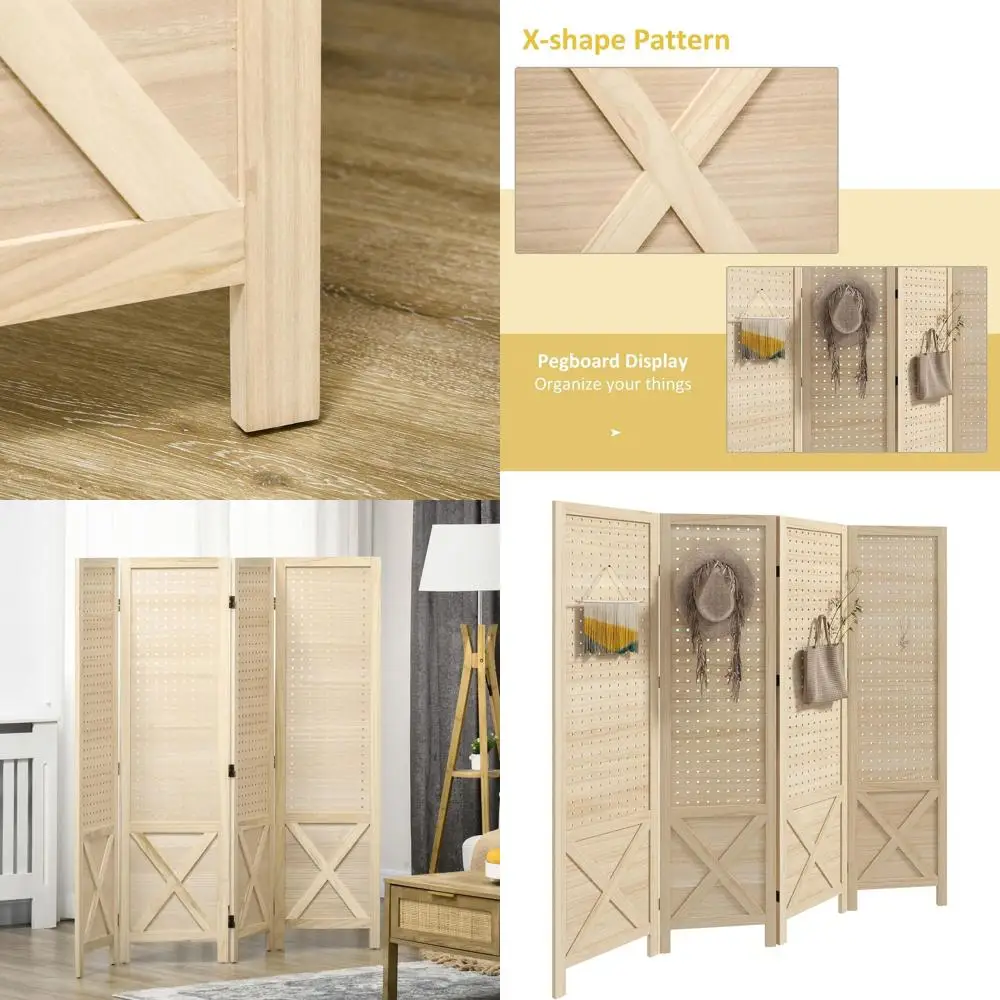 

4-Panel Wooden Folding Screen, 4.7ft Tall, Natural Privacy Divider for Home Offices