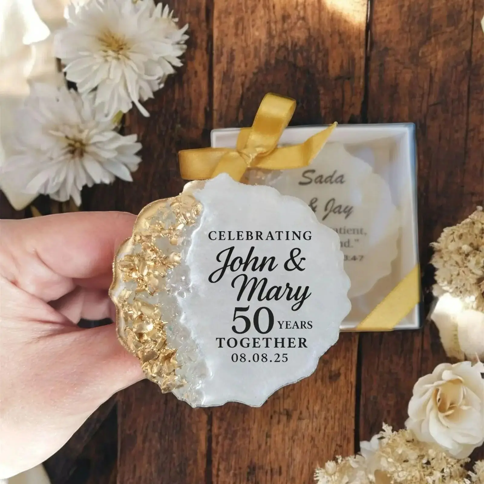 Golden 50th Anniversary Magnet Favor, Elegant Personalized Resin Keepsake, Custom Gift for Guests, Golden Wedding Party Favor, - view 2