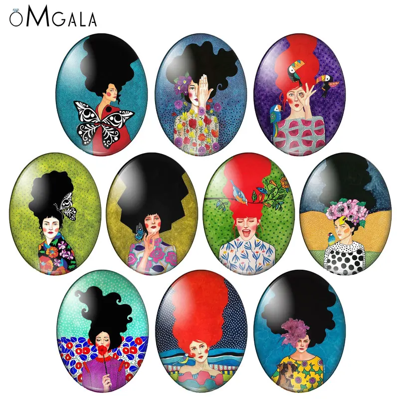 Artistic Long Hair Women Illustration 10pcs 13x18mm/18x25mm/30x40mm Oval photo glass cabochon demo flat back Making findings