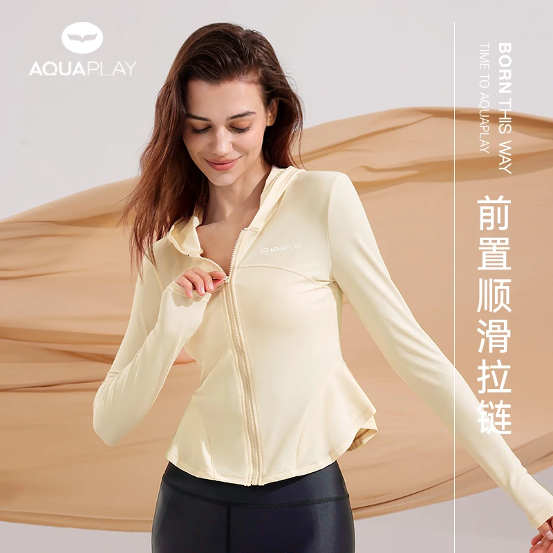

AquaPlay Yellow Long Sleeve Rash Guard with Hood Women UPF50+ Sun Protection Clothing Swimming Fitness Beach Yoga Surfing