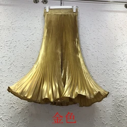 2023 Summer Women's Elegant Metal Color Mermaid Skirt Korean Fashion Elastic High Waist Floor Length Pleated Maxi Skirts