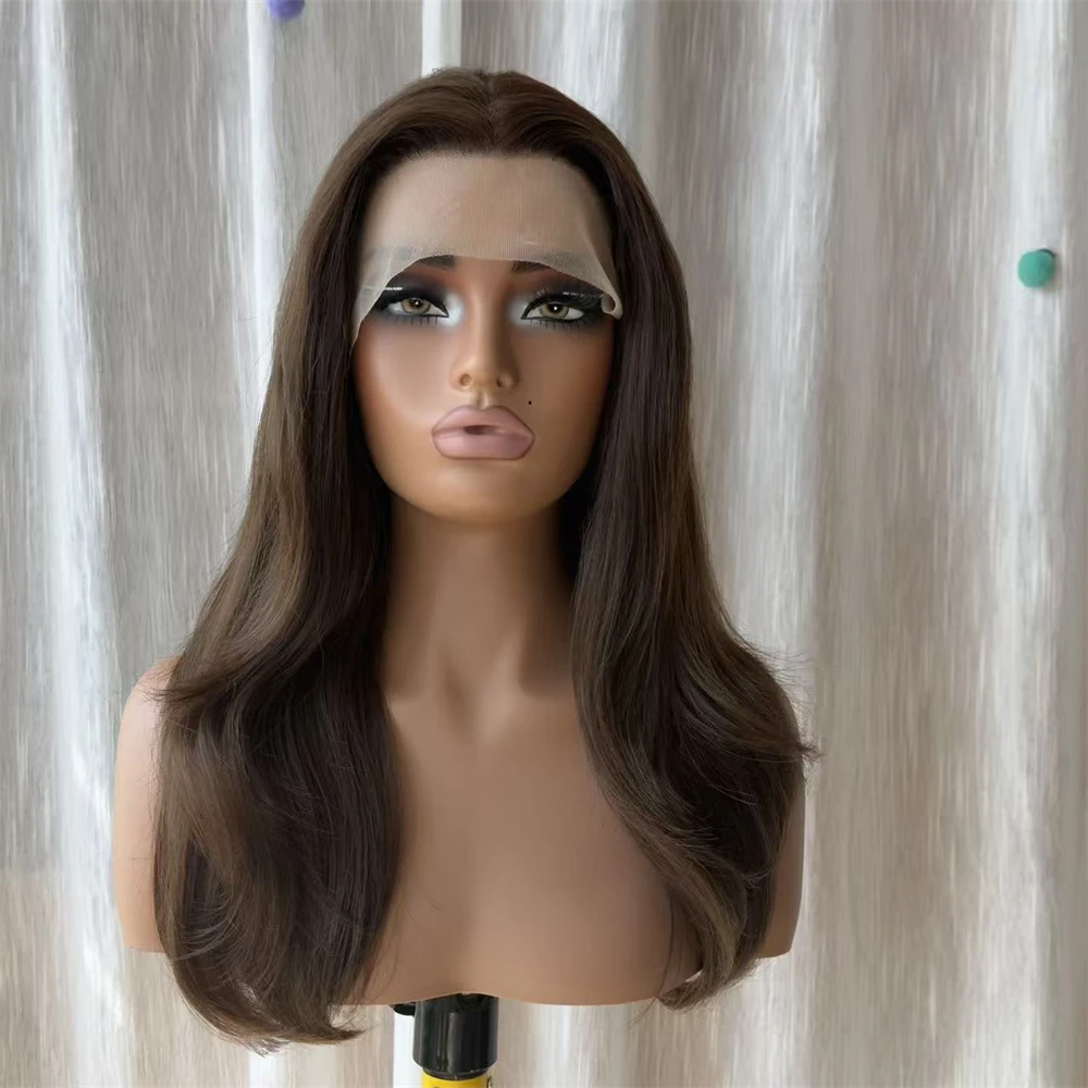 Natural Preplucked Hairline 13x4 Free Part Chocolate Brown Synthetic HD Lace Front Wig Blended Human Hair 150% Density Cosplay