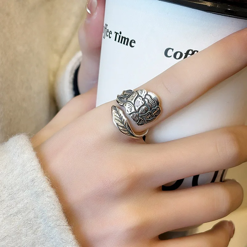 Buyee 925 Sterling Silver Female Big Ring Finger Peony Flower Open Ring for Women Fashion National Style Fine Jewelry Circle