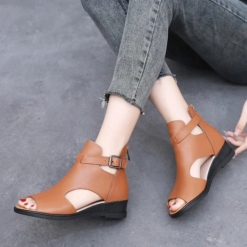 Premium Cowhide Mesh Breathable Summer Boots Women Leather Sandals Large Size Elegant Fashion Sandals Wedges Flat