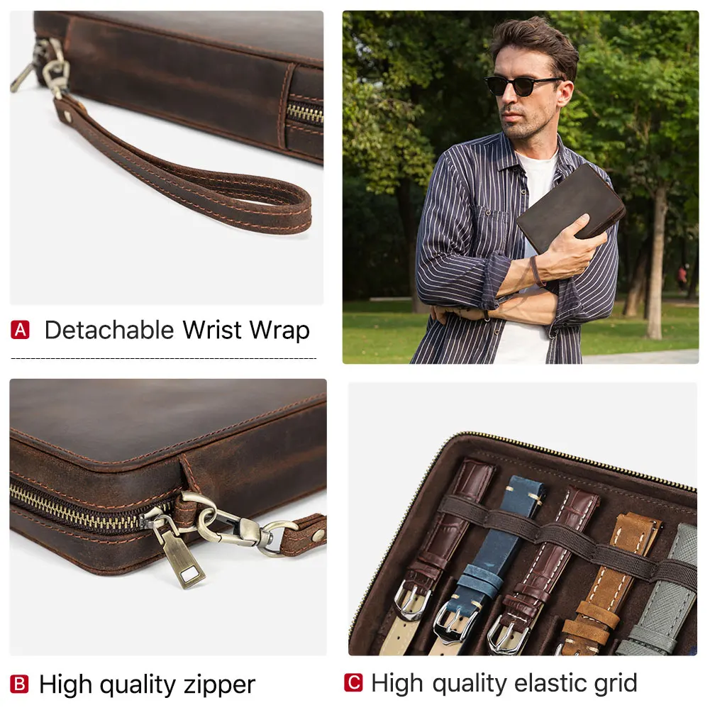 CONTACT\'S FAMILY Genuine Leather Intelligent Watch Strap 12 Slot Storage Box Watch Band Bag Watchband Holder Bag Portable Case