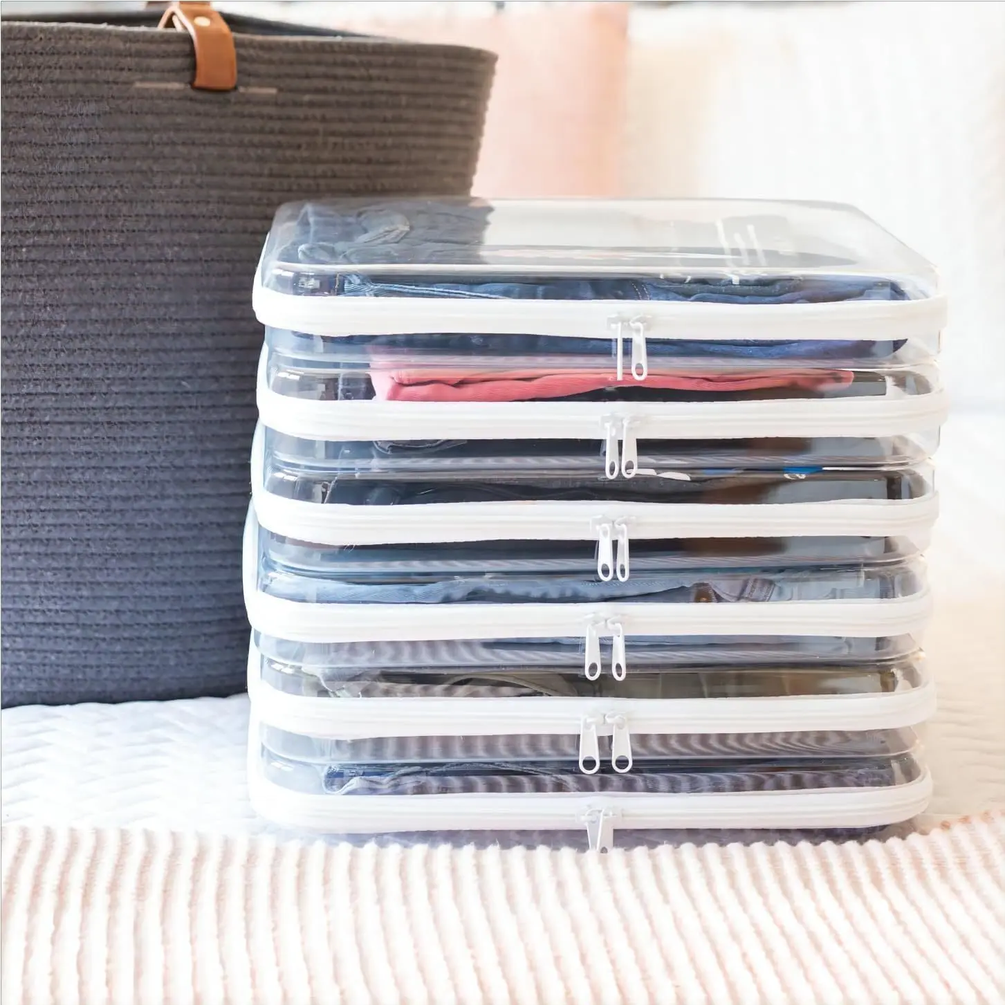 Zippered Hard Pouch Clear Stackable Bliss Bins Toy Storage Organizer  White Hard Plastic Pencil Case Cosmetic Makeup Bags